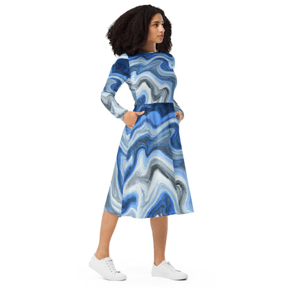 Womens Long Sleeve Midi Dress - Blue Grey Marble Print-3