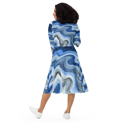 Womens Long Sleeve Midi Dress - Blue Grey Marble Print-1