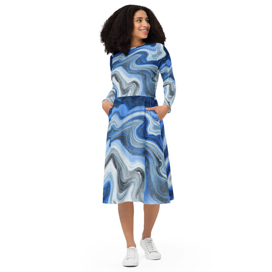 Womens Long Sleeve Midi Dress - Blue Grey Marble Print-0