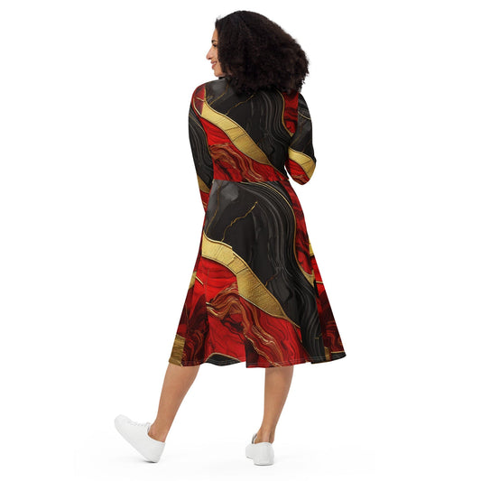 Womens Long Sleeve Midi Dress - Bold Red Gold Tones Print-1