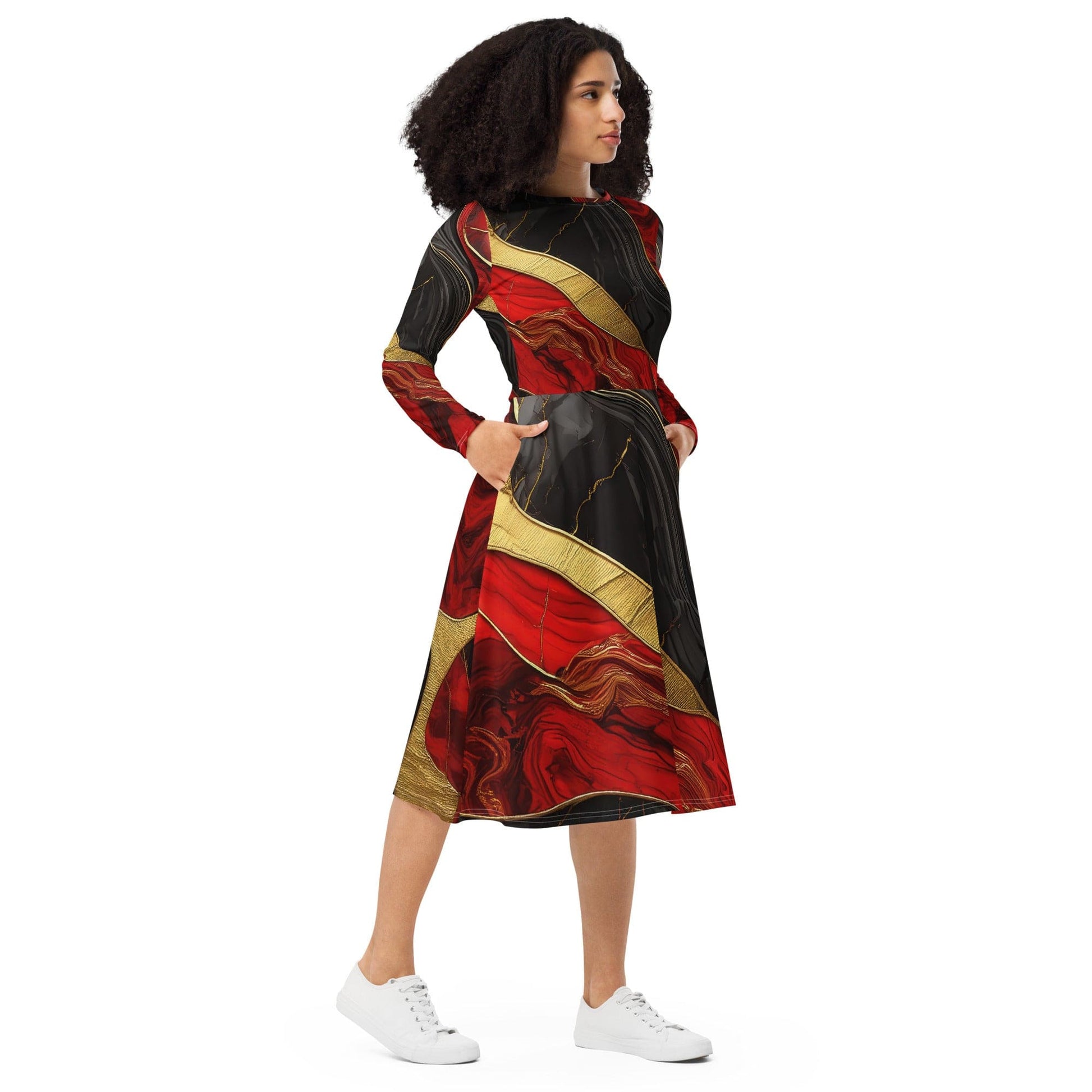 Womens Long Sleeve Midi Dress - Bold Red Gold Tones Print-3