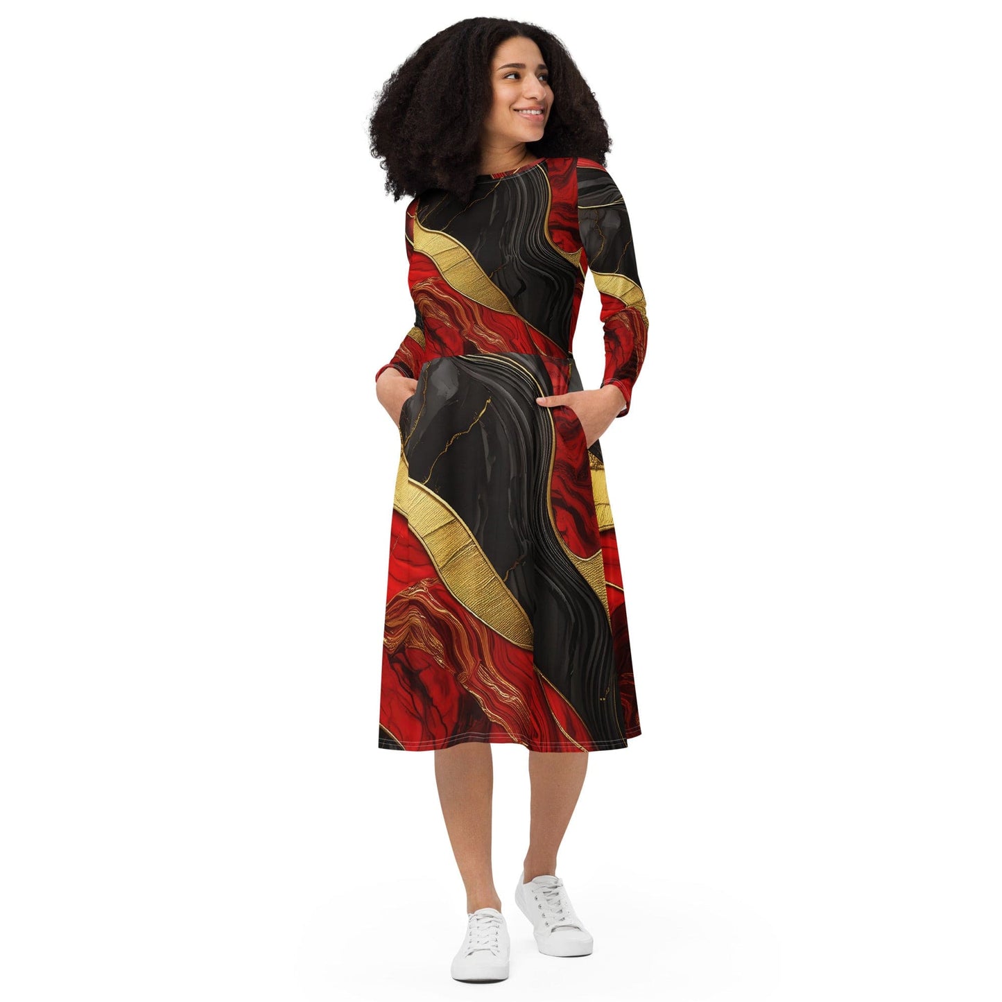 Womens Long Sleeve Midi Dress - Bold Red Gold Tones Print-0