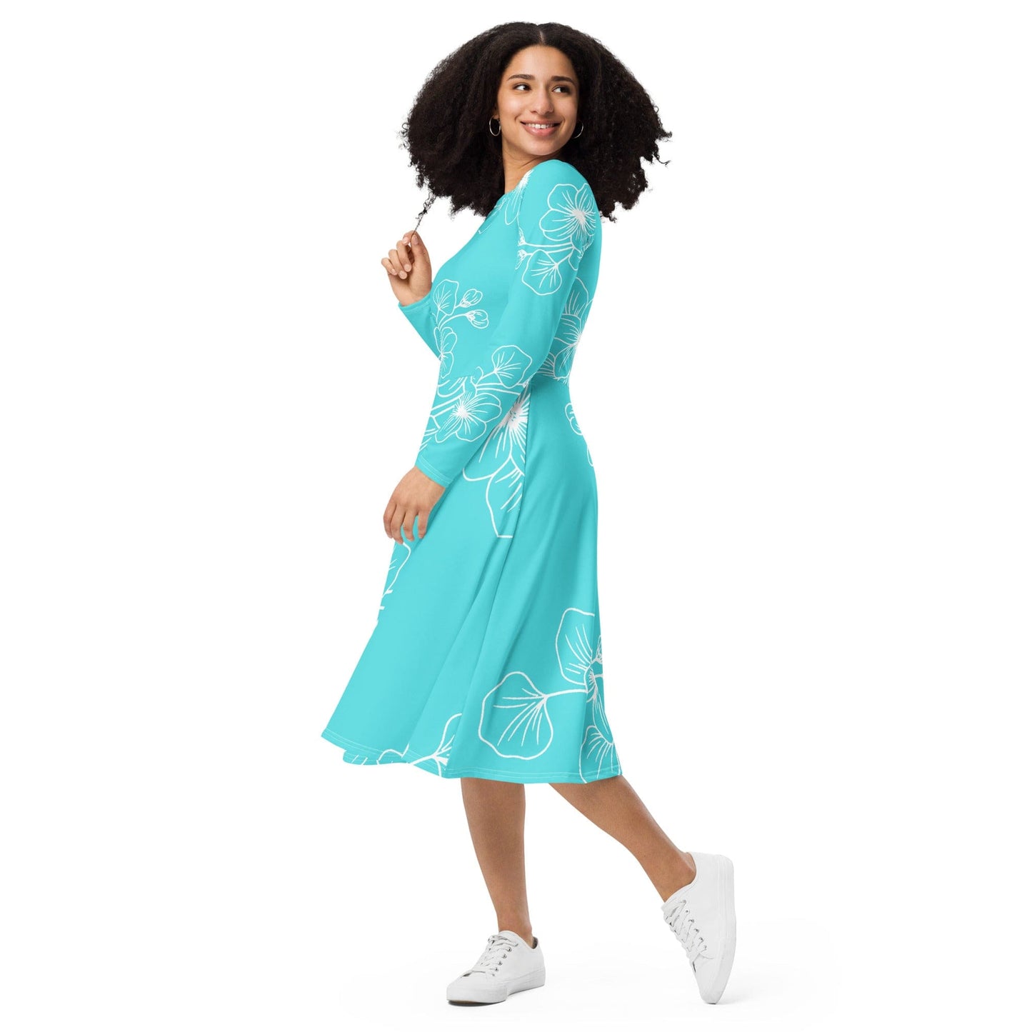 Womens Long Sleeve Midi Dress - Floral Cyan Blue 7022523-2