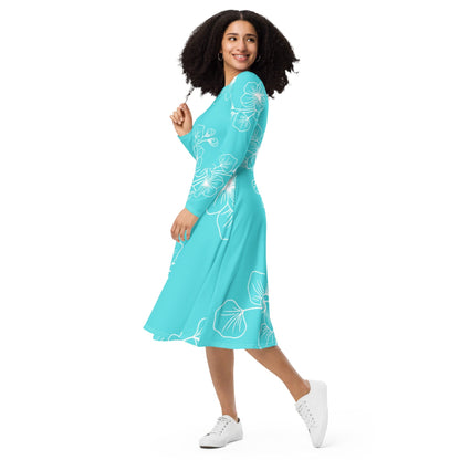 Womens Long Sleeve Midi Dress - Floral Cyan Blue 7022523-2