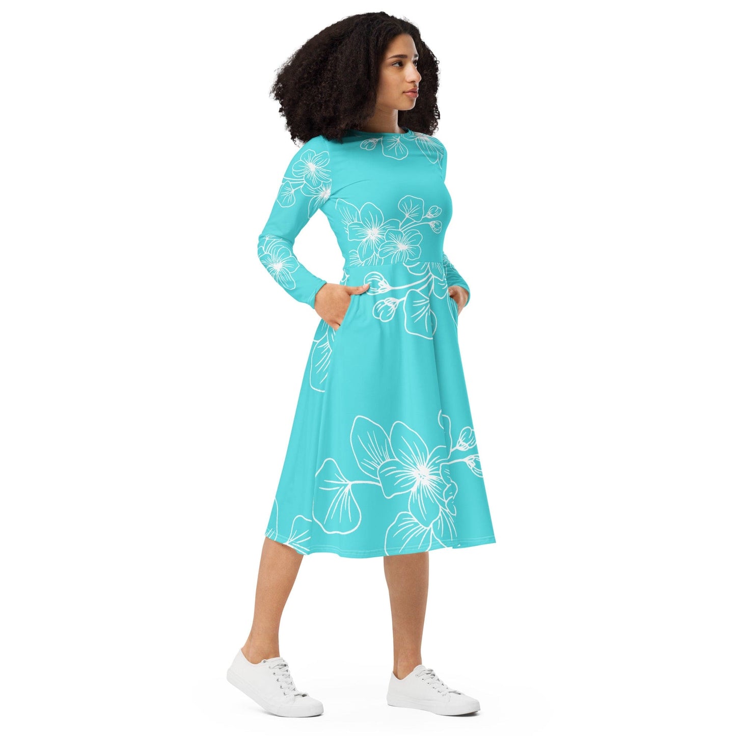 Womens Long Sleeve Midi Dress - Floral Cyan Blue 7022523-3