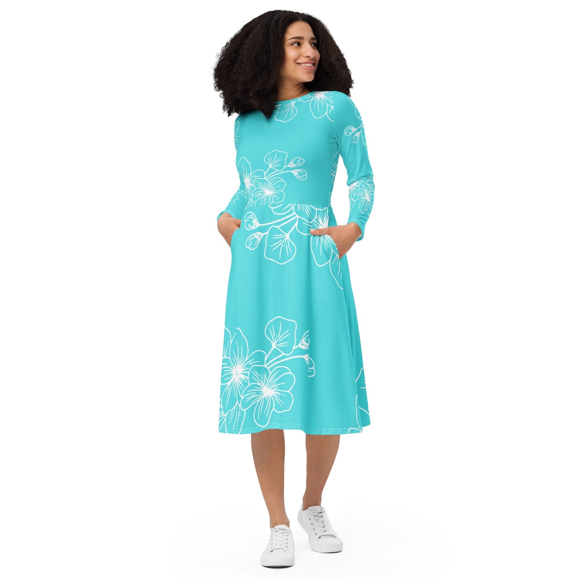 Womens Long Sleeve Midi Dress - Floral Cyan Blue 7022523-0