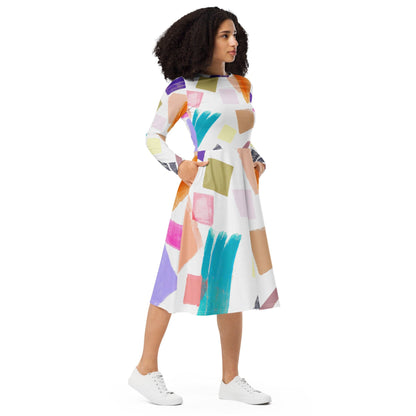 Womens Long Sleeve Midi Dress - Pastel Pattern-3