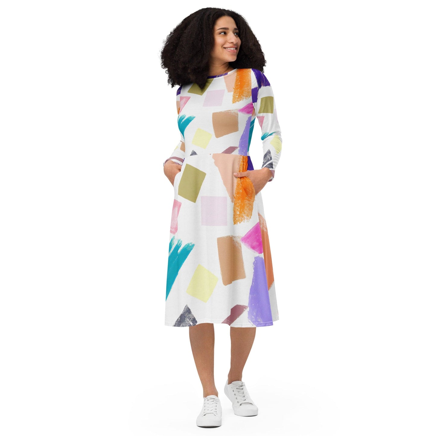 Womens Long Sleeve Midi Dress - Pastel Pattern-0