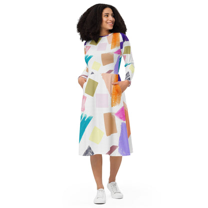 Womens Long Sleeve Midi Dress - Pastel Pattern-0