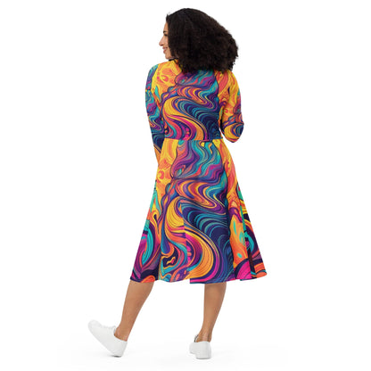 Womens Long Sleeve Midi Dress - Vibrant Psychedelic Kaleidoscope Boho 3-4