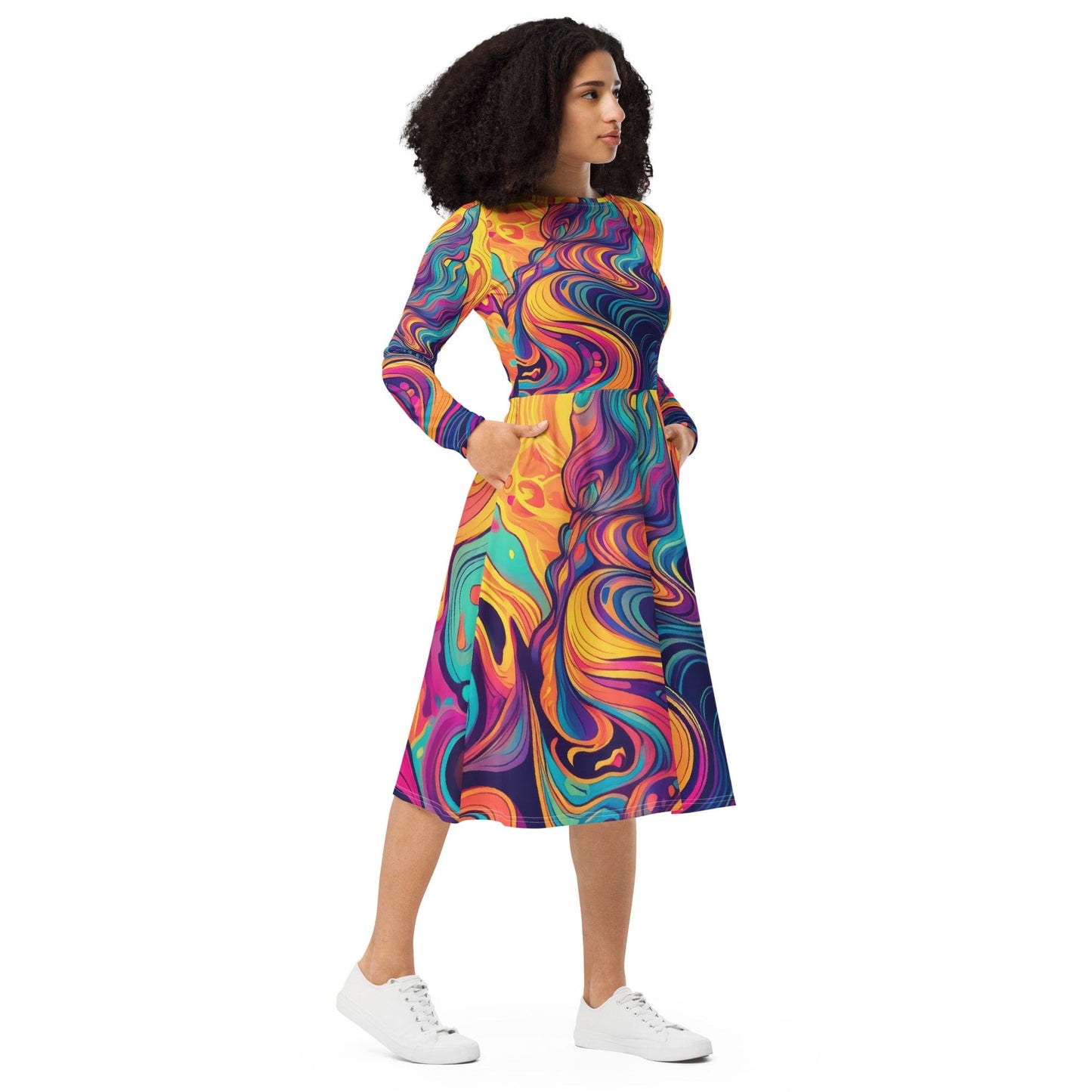 Womens Long Sleeve Midi Dress - Vibrant Psychedelic Kaleidoscope Boho 3-3