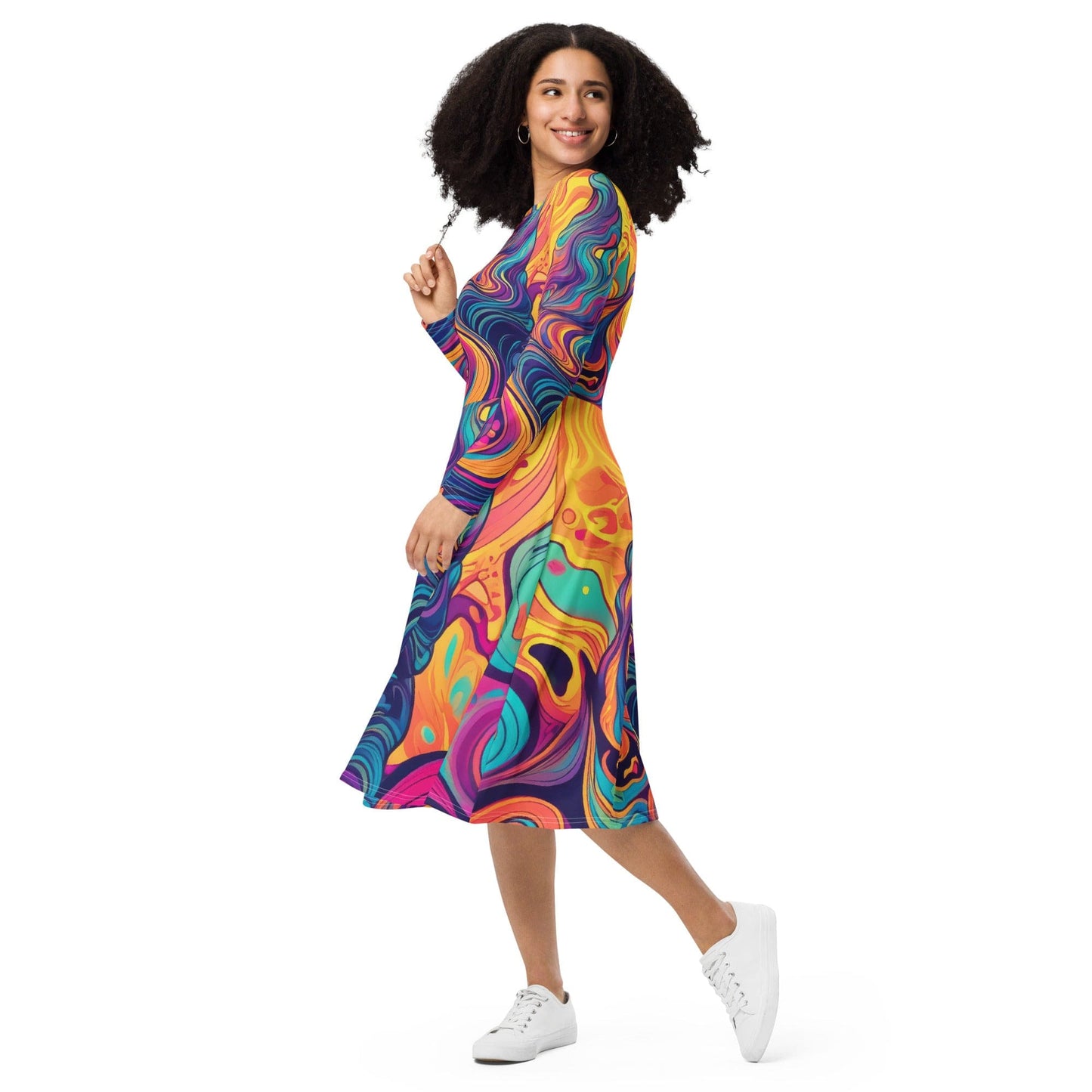 Womens Long Sleeve Midi Dress - Vibrant Psychedelic Kaleidoscope Boho 3-2