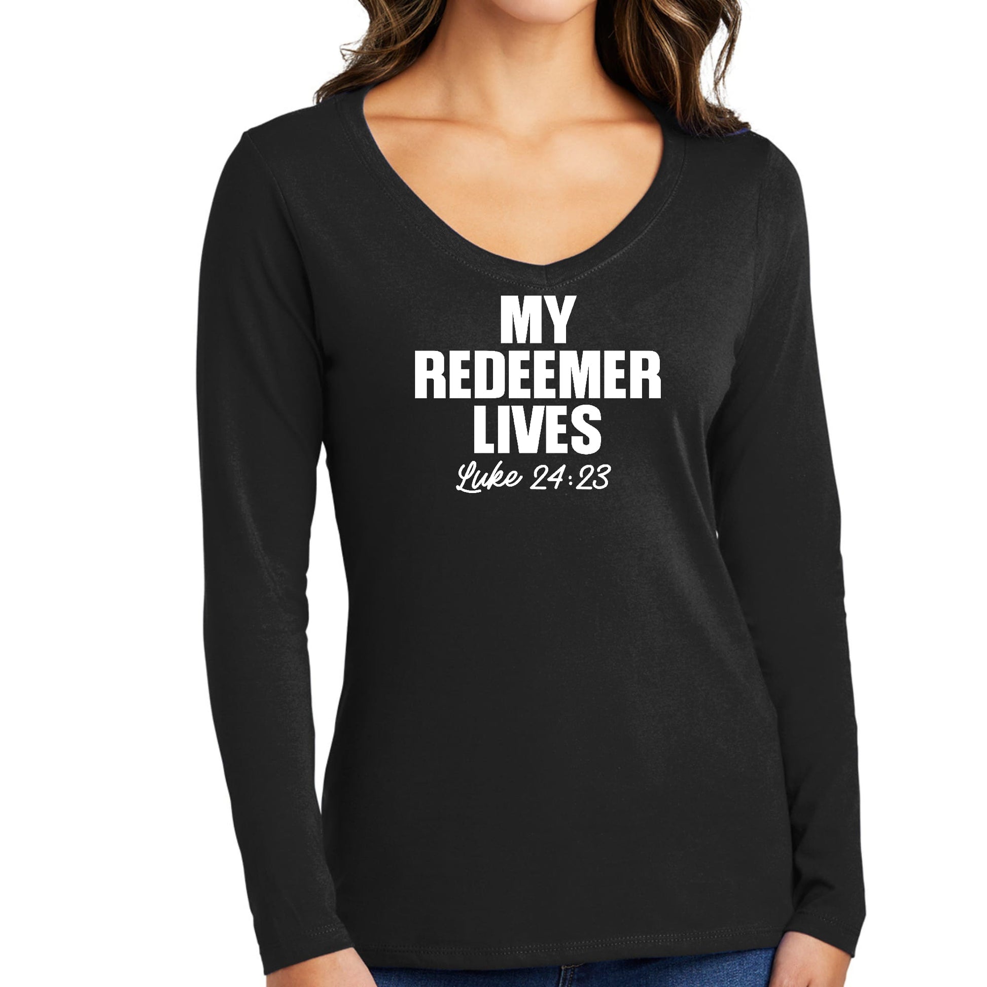 Womens Long Sleeve V-neck Graphic T-shirt - my Redeemer Lives Print-0