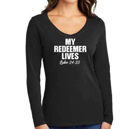 Womens Long Sleeve V-neck Graphic T-shirt - my Redeemer Lives Print-0