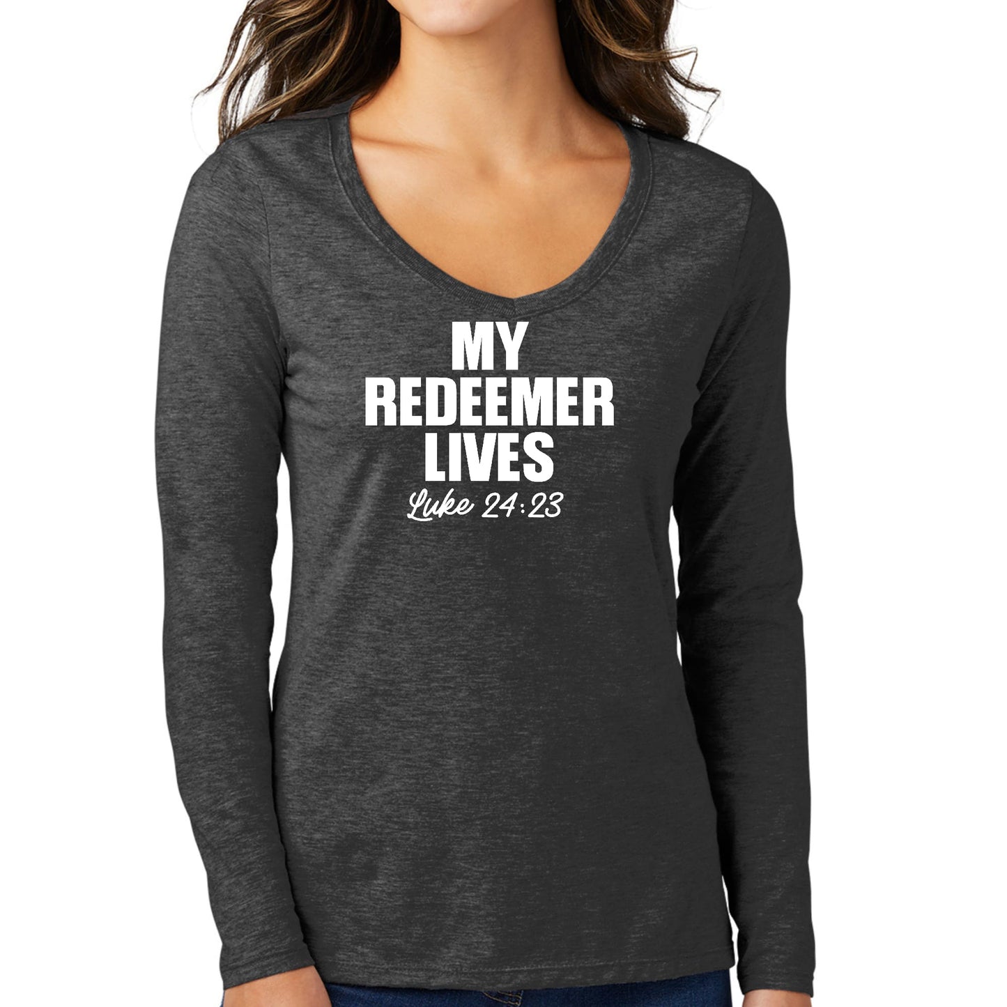 Womens Long Sleeve V-neck Graphic T-shirt - my Redeemer Lives Print-3
