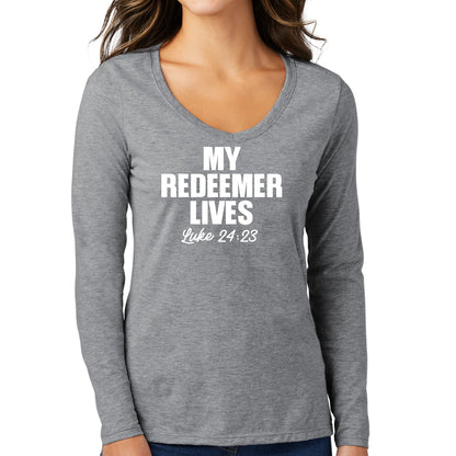 Womens Long Sleeve V-neck Graphic T-shirt - my Redeemer Lives Print-4