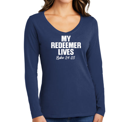 Womens Long Sleeve V-neck Graphic T-shirt - my Redeemer Lives Print-1