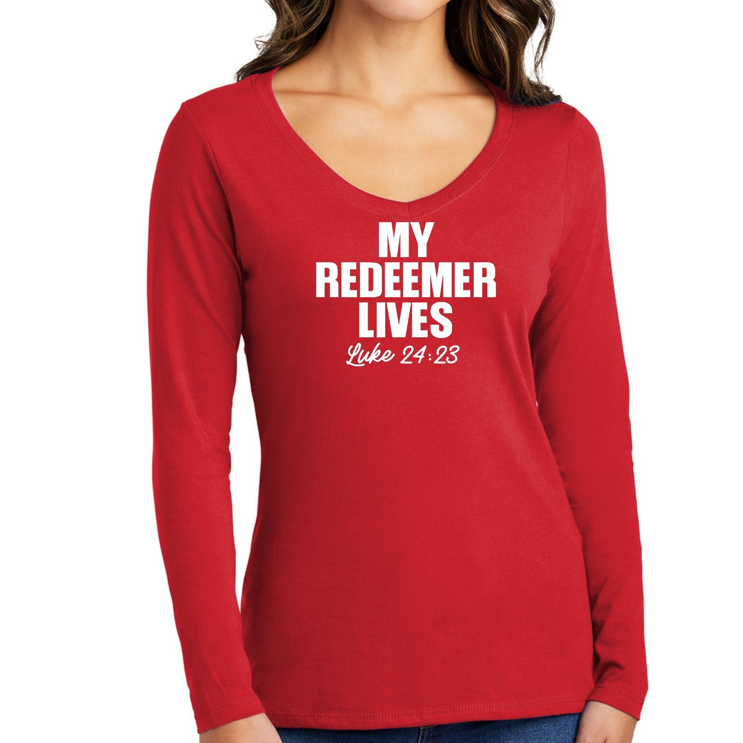 Womens Long Sleeve V-neck Graphic T-shirt - my Redeemer Lives Print-2