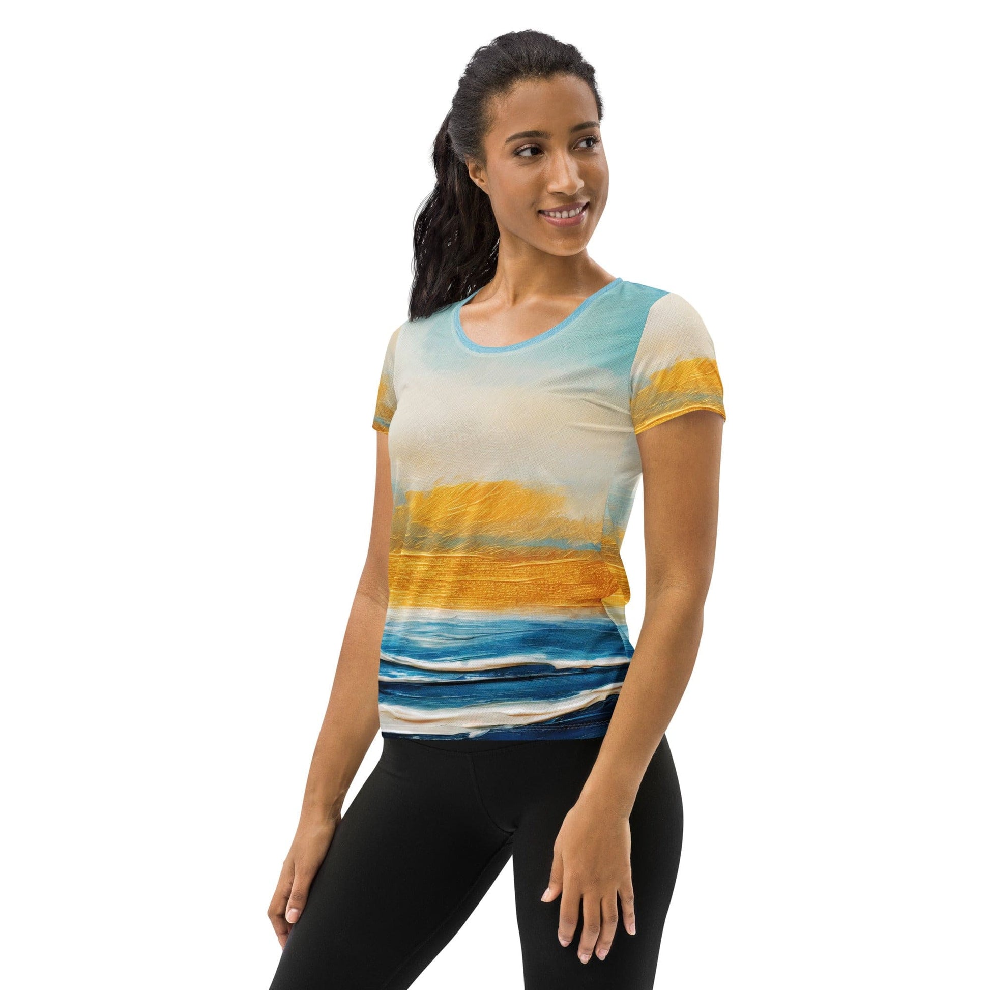 Womens Stretch Fit Athletic Sports T-shirt - Blue Ocean Golden Sunset-3