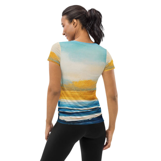 Womens Stretch Fit Athletic Sports T-shirt - Blue Ocean Golden Sunset-1