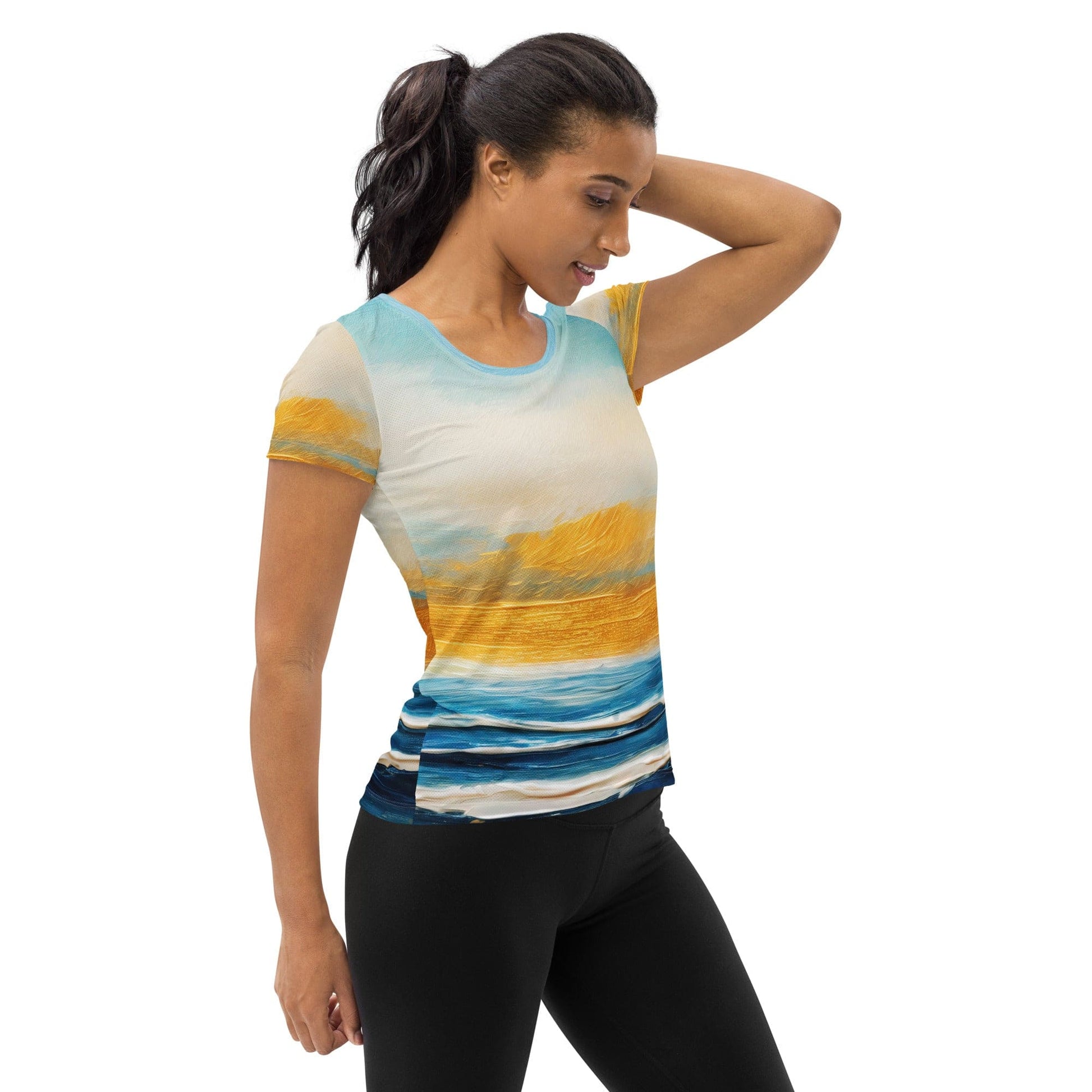 Womens Stretch Fit Athletic Sports T-shirt - Blue Ocean Golden Sunset-2