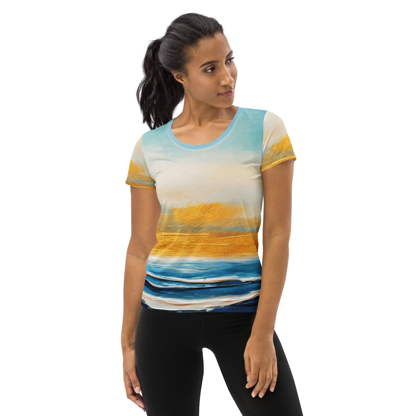 Womens Stretch Fit Athletic Sports T-shirt - Blue Ocean Golden Sunset-0