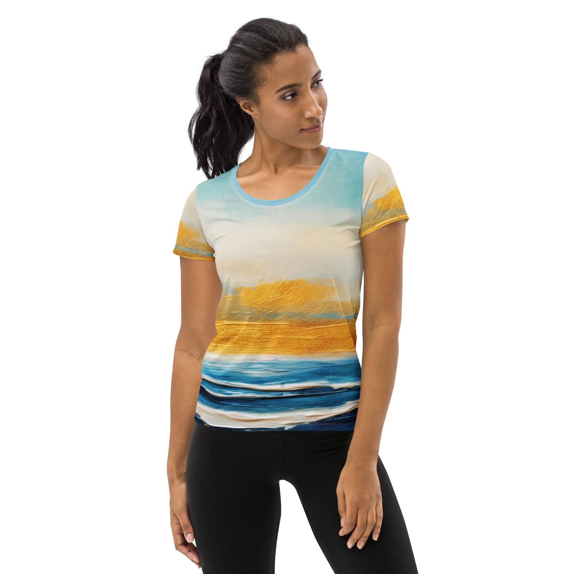 Womens Stretch Fit Athletic Sports T-shirt - Blue Ocean Golden Sunset-0