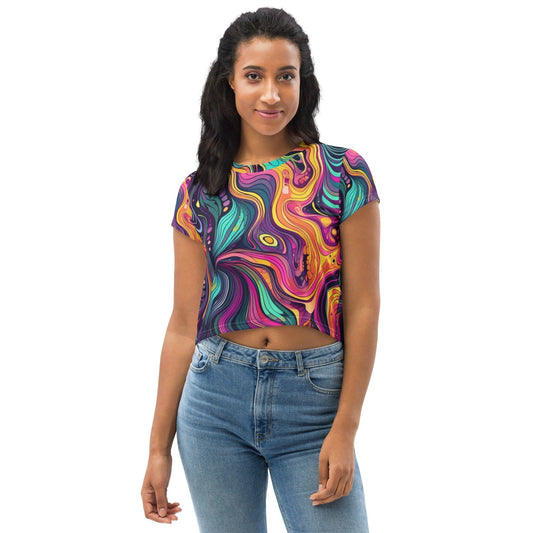 Womens Stretch Fit Crop Tee T-shirt - Vibrant Psychedelic Kaleidoscope Boho-0
