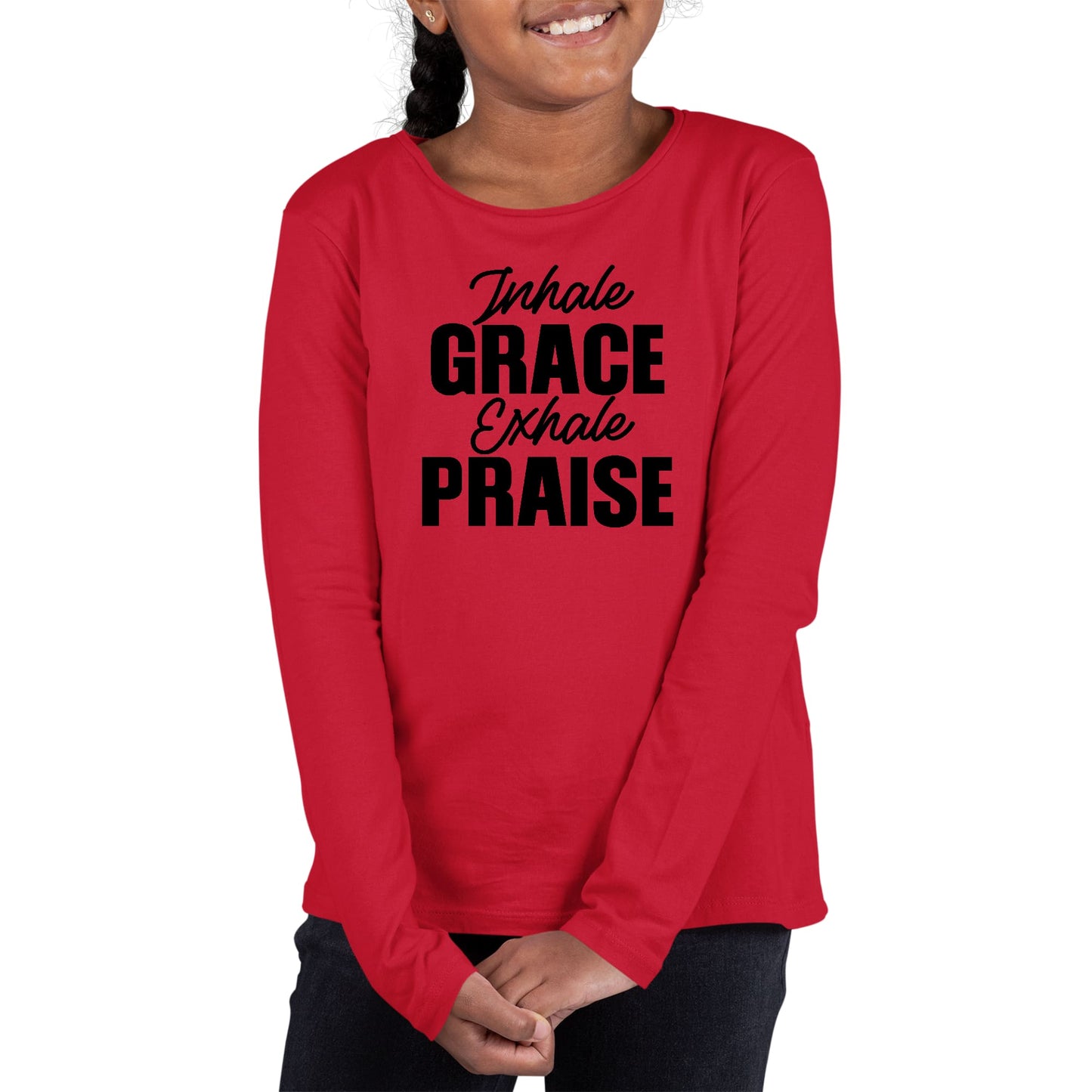 Youth Long Sleeve Graphic T-shirt - Inhale Grace Exhale Praise Black-1