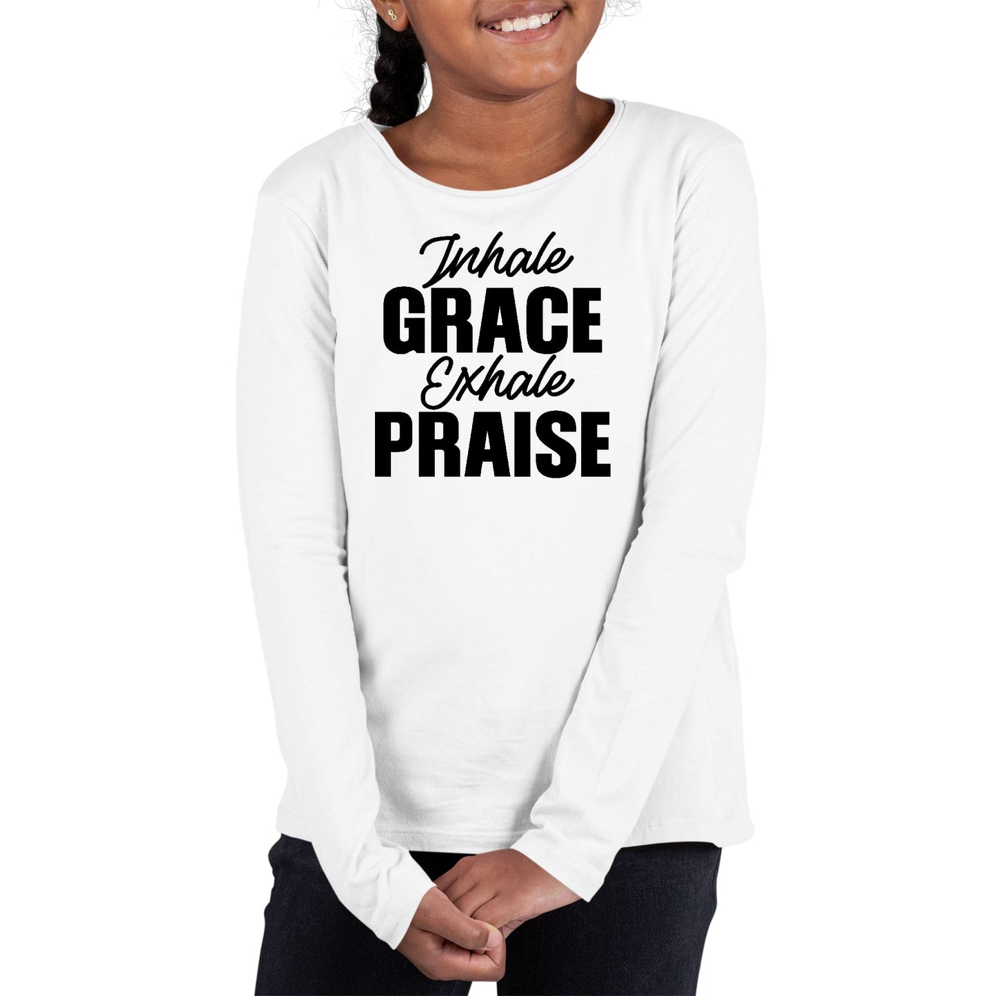 Youth Long Sleeve Graphic T-shirt - Inhale Grace Exhale Praise Black-0
