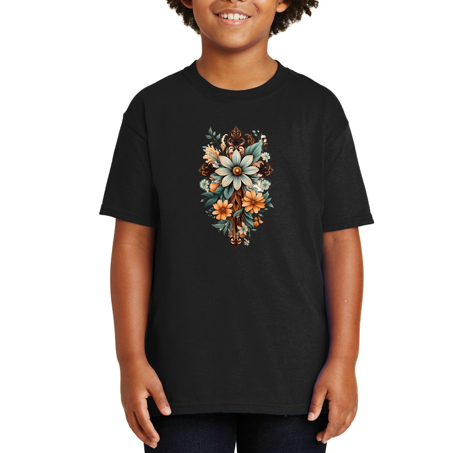 Youth Short Sleeve Graphic T-shirt - Christian Cross Floral Bouquet-0