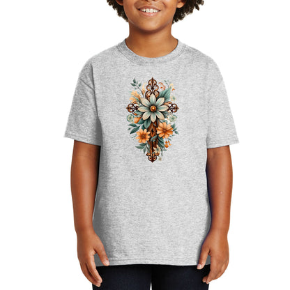Youth Short Sleeve Graphic T-shirt - Christian Cross Floral Bouquet-5