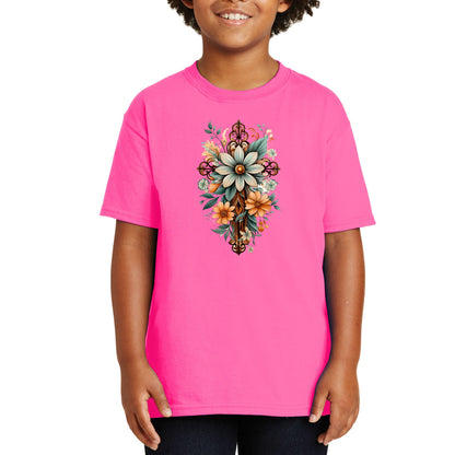 Youth Short Sleeve Graphic T-shirt - Christian Cross Floral Bouquet-6