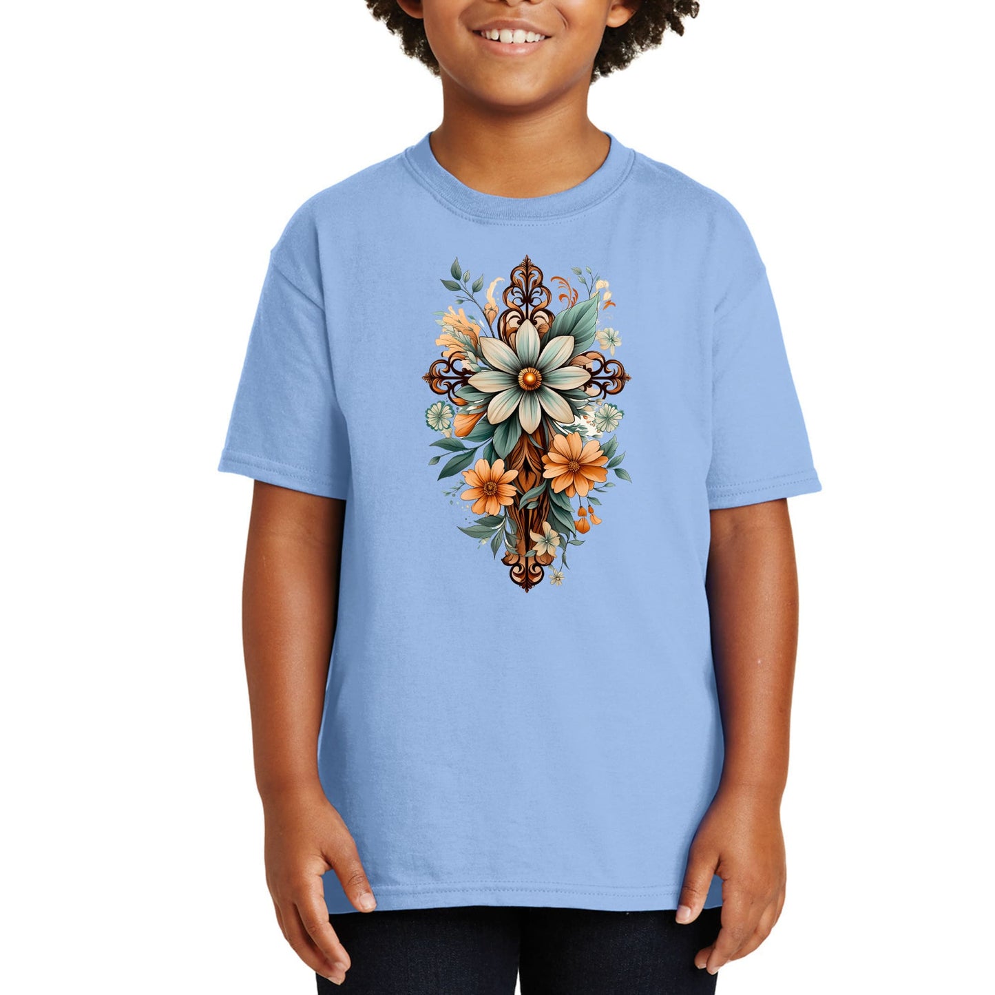 Youth Short Sleeve Graphic T-shirt - Christian Cross Floral Bouquet-7