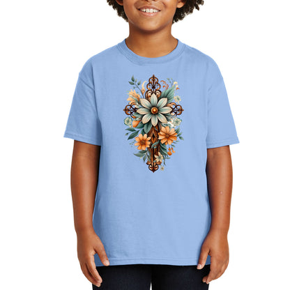 Youth Short Sleeve Graphic T-shirt - Christian Cross Floral Bouquet-7