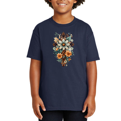 Youth Short Sleeve Graphic T-shirt - Christian Cross Floral Bouquet-2