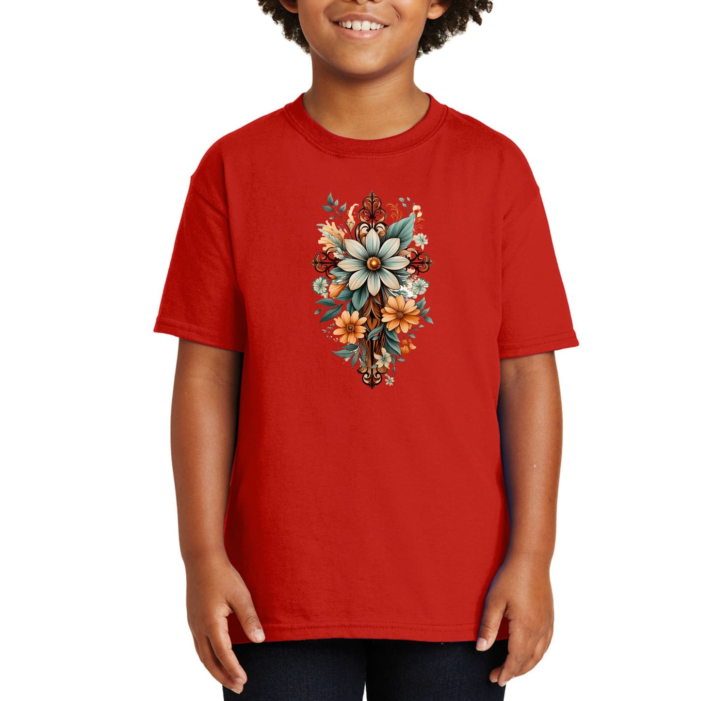 Youth Short Sleeve Graphic T-shirt - Christian Cross Floral Bouquet-1