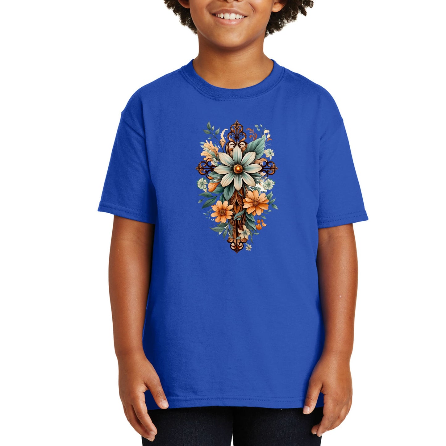 Youth Short Sleeve Graphic T-shirt - Christian Cross Floral Bouquet-3