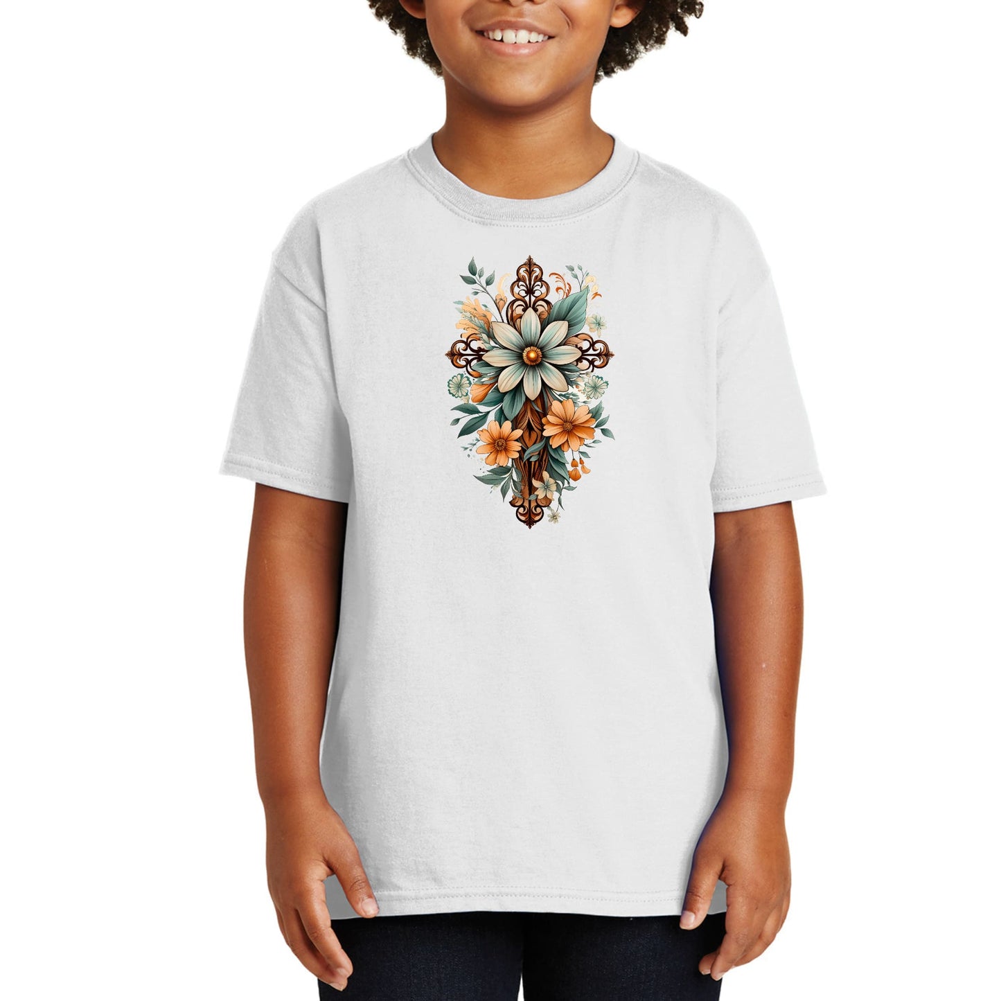 Youth Short Sleeve Graphic T-shirt - Christian Cross Floral Bouquet-4