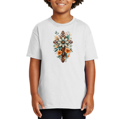 Youth Short Sleeve Graphic T-shirt - Christian Cross Floral Bouquet-4