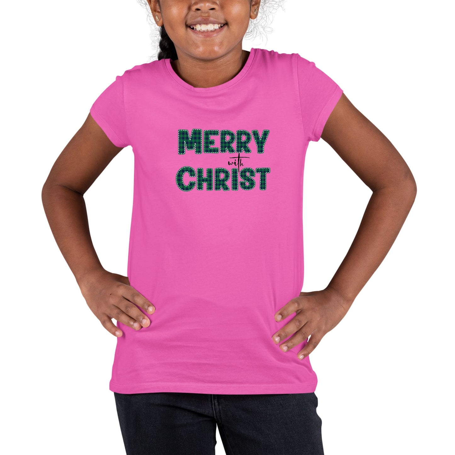 Youth Short Sleeve Graphic T-shirt Merry with Christ - Green Plaid-3