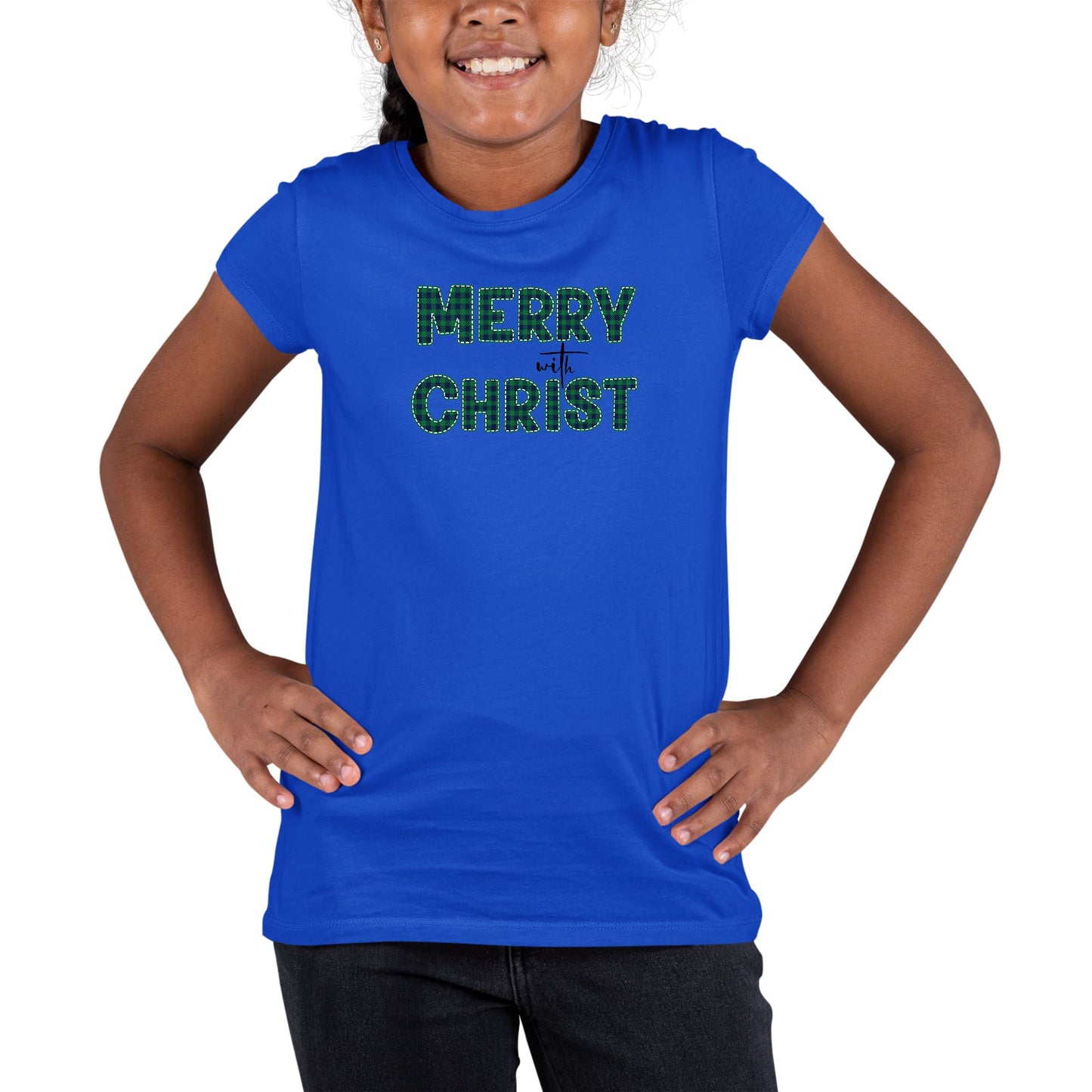 Youth Short Sleeve Graphic T-shirt Merry with Christ - Green Plaid-2