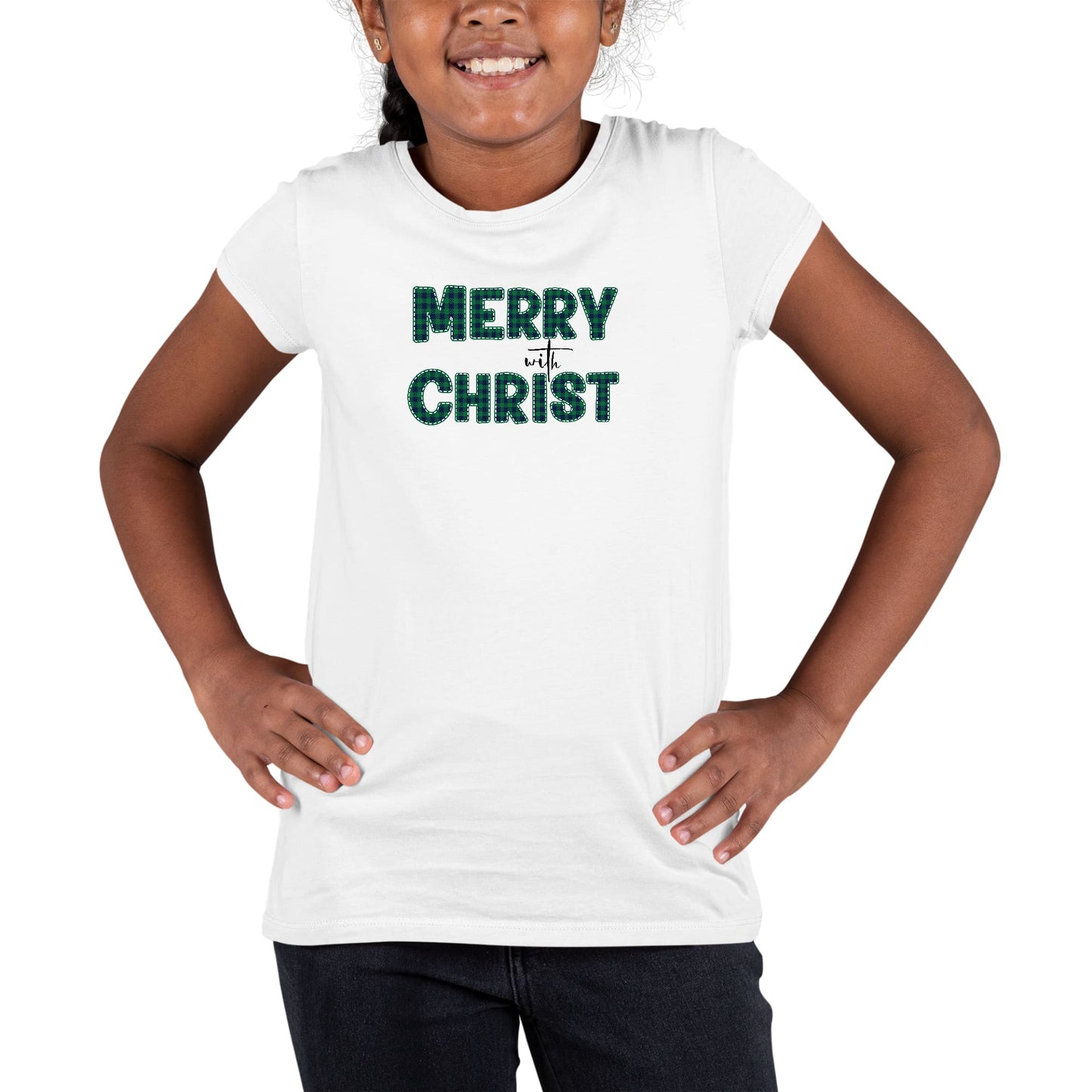 Youth Short Sleeve Graphic T-shirt Merry with Christ - Green Plaid-0
