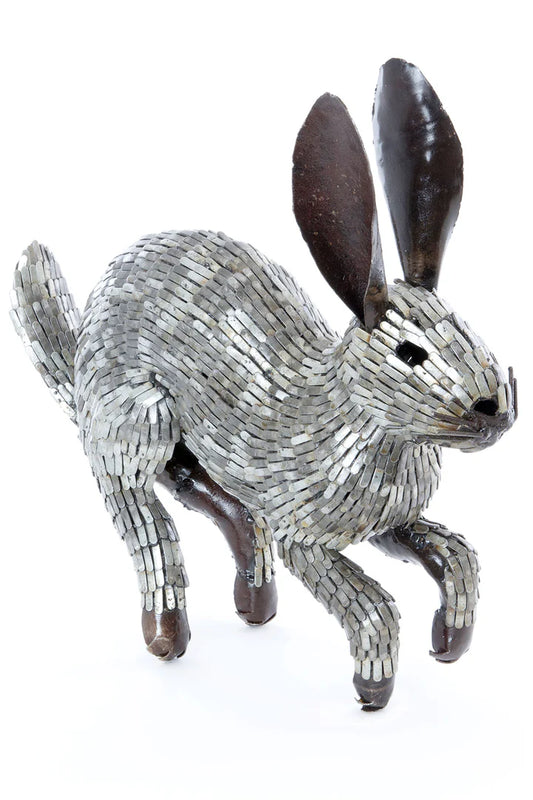 3 Recycled Metal Running Rabbit Sculpture from Zimbabwe