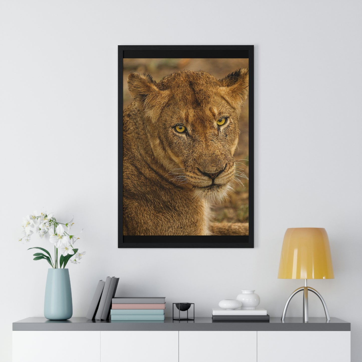 CLOSE TO AN AFRICAN LIONESS Premium Framed Vertical Poster by SobG Designs