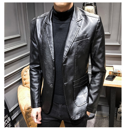 Plus Size Men's Lapel Solid Color Button Leather Suit, Loose Oversize Motorcycle Jacket Coat