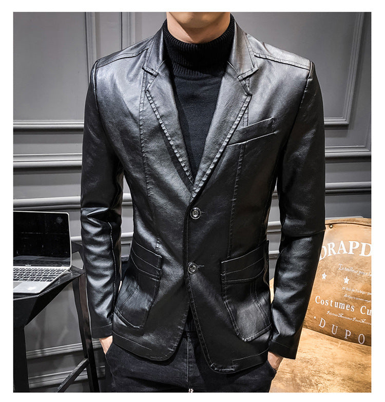 Plus Size Men's Lapel Solid Color Button Leather Suit, Loose Oversize Motorcycle Jacket Coat