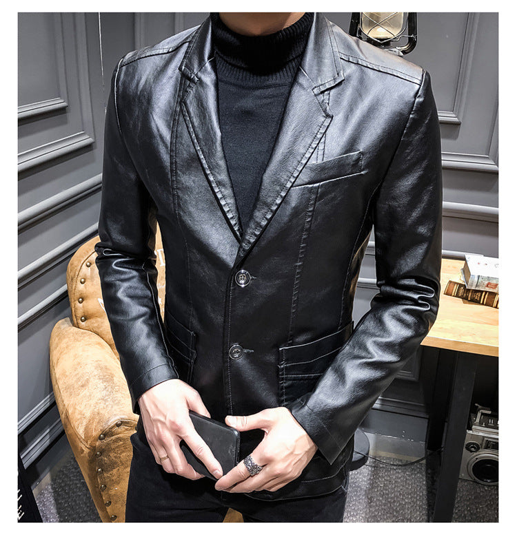 Plus Size Men's Lapel Solid Color Button Leather Suit, Loose Oversize Motorcycle Jacket Coat