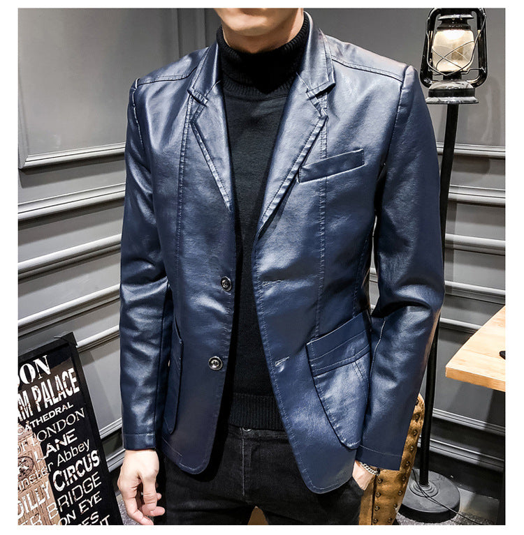 Plus Size Men's Lapel Solid Color Button Leather Suit, Loose Oversize Motorcycle Jacket Coat