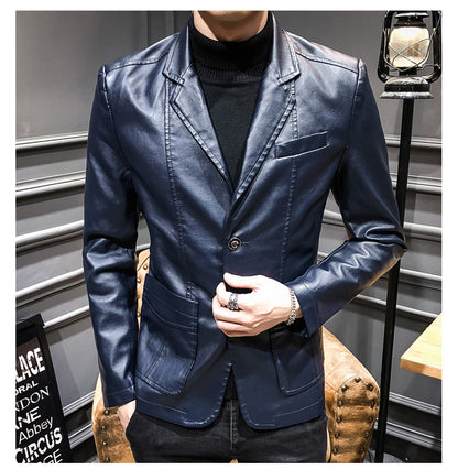 Plus Size Men's Lapel Solid Color Button Leather Suit, Loose Oversize Motorcycle Jacket Coat
